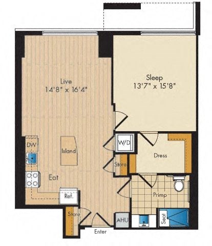 Floor plan for 1 bed, 1 bath, 930 sqft